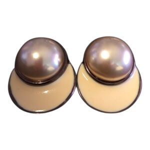 Vintage 80's Copper-Tone Enamel Rhinestone Faux Pearl Pierced Earring